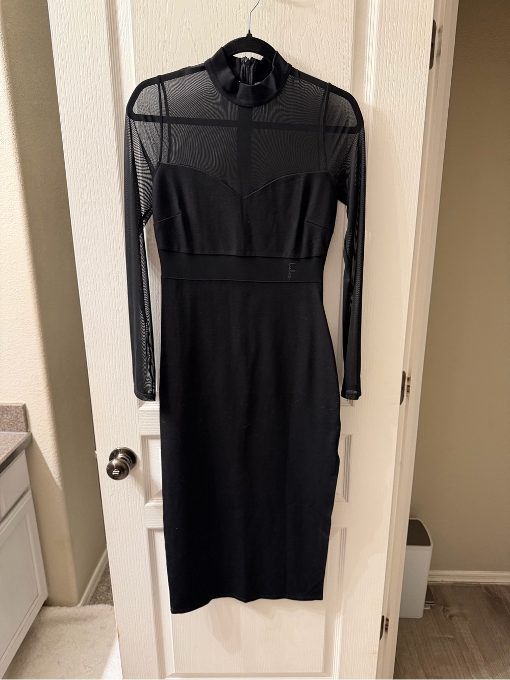 Lulu's Black Mesh-Panel Long Sleeve Midi Dress